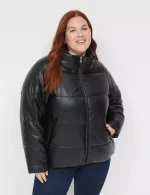 Plus Size Black Faux leather puffer jacket​