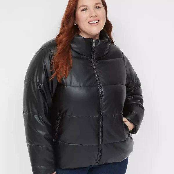 Plus Size Black Faux leather puffer jacket​