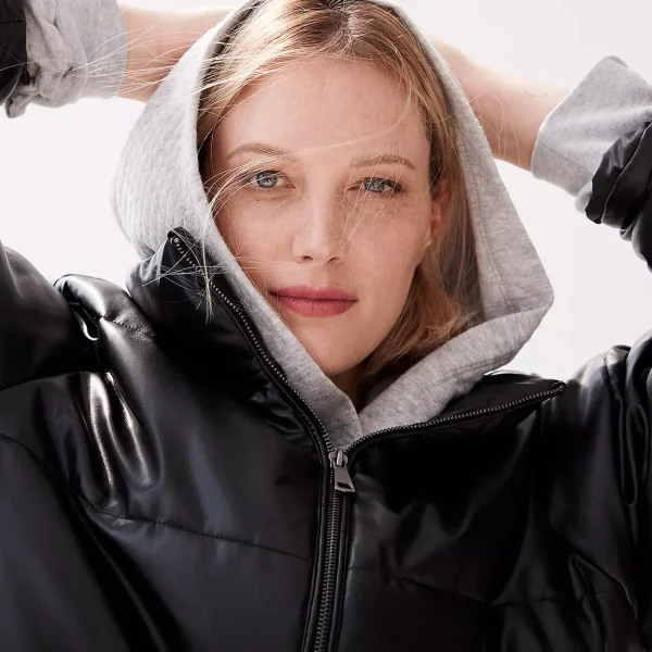 Plus Size Black Faux leather puffer jacket​ UK