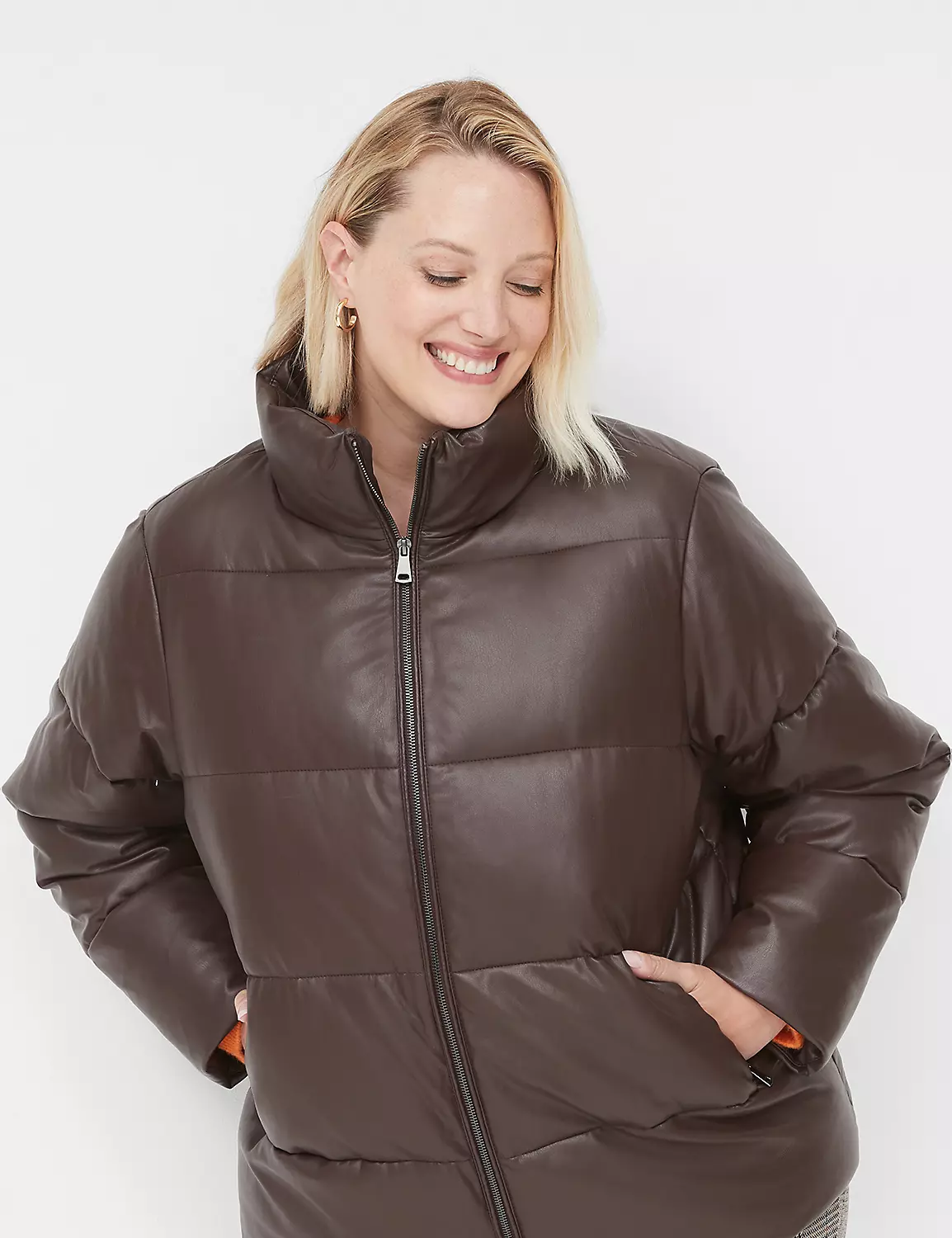 Plus Size Brown Puffer Jacket - Luxe Faux Leather Layer
